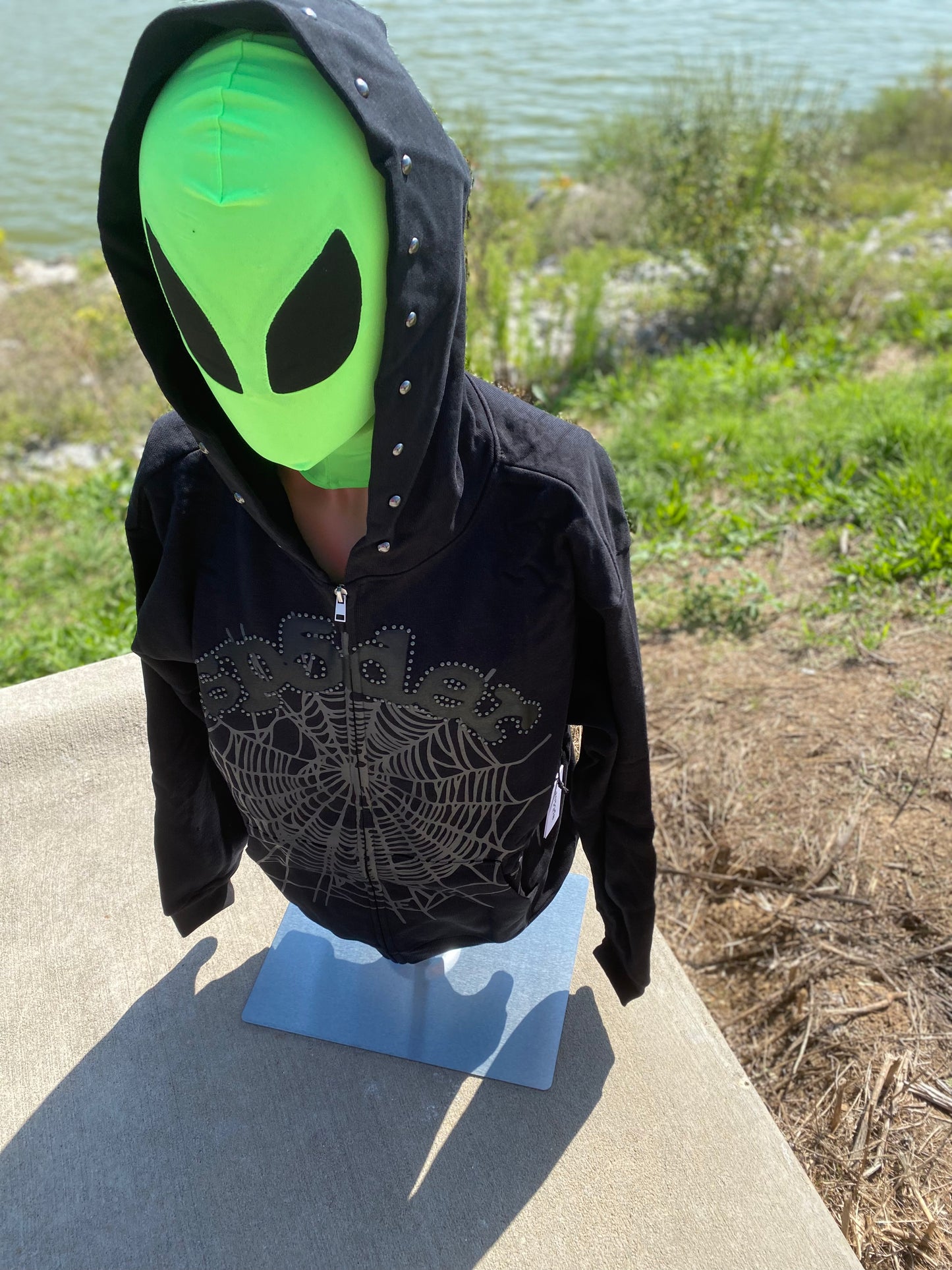 Sp5der OG Web Studded Zip Hoodie Black
