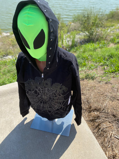 Sp5der OG Web Studded Zip Hoodie Black