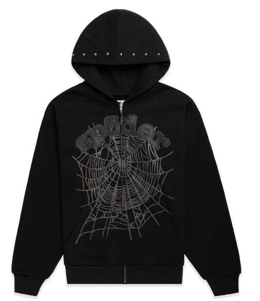 Sp5der OG Web Studded Zip Hoodie Black